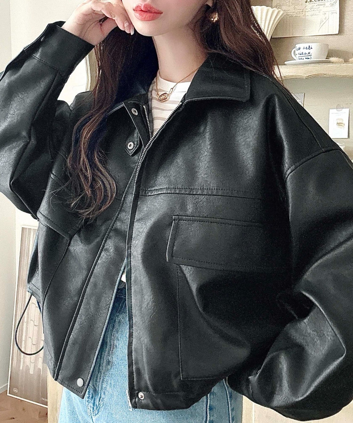 moment+｜2WAYカラーショート丈フェイクレザーブルゾン | Rakuten