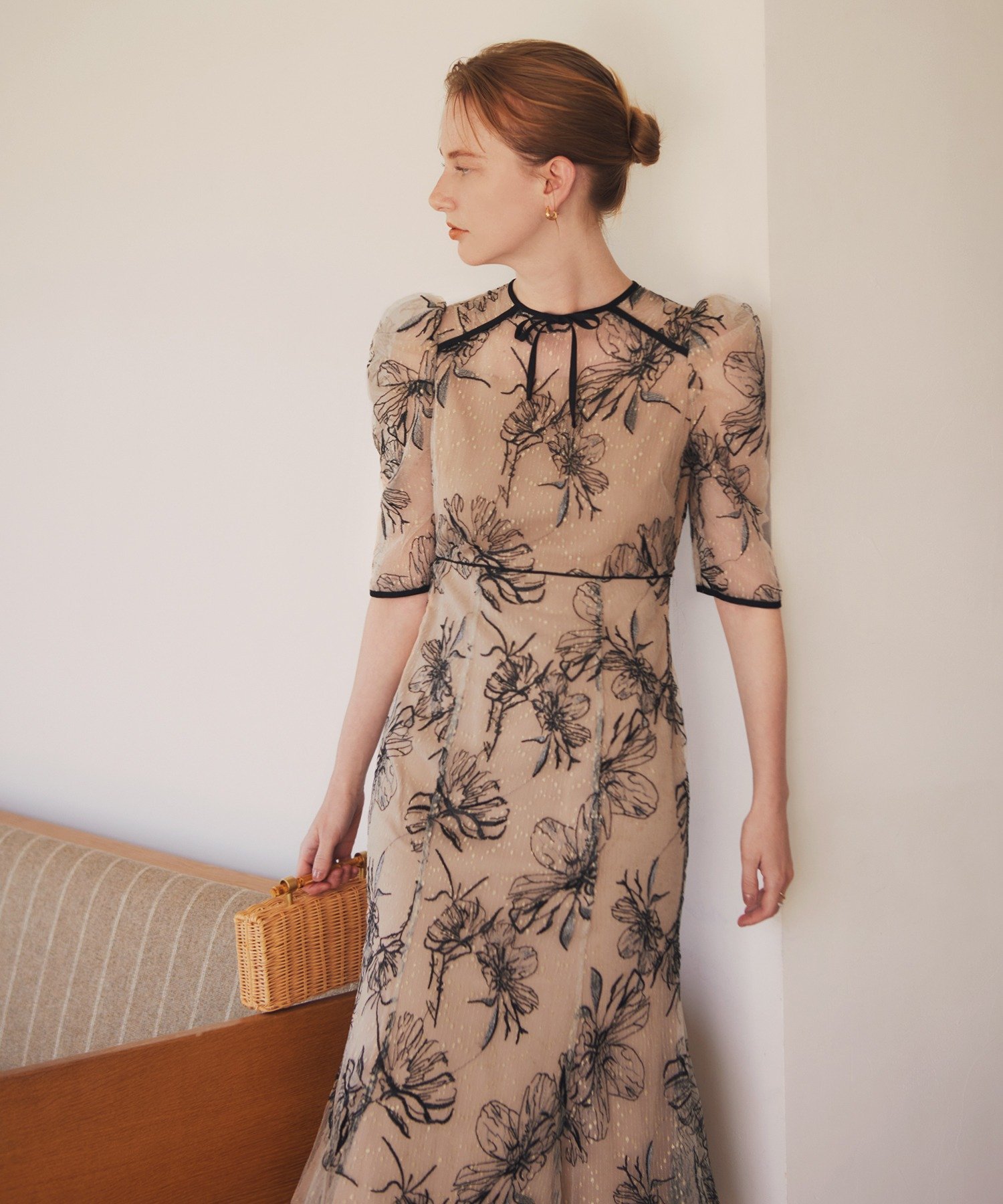 Leja｜LEJA-花柄フロントバックリボンパフスリーブマーメイドロング