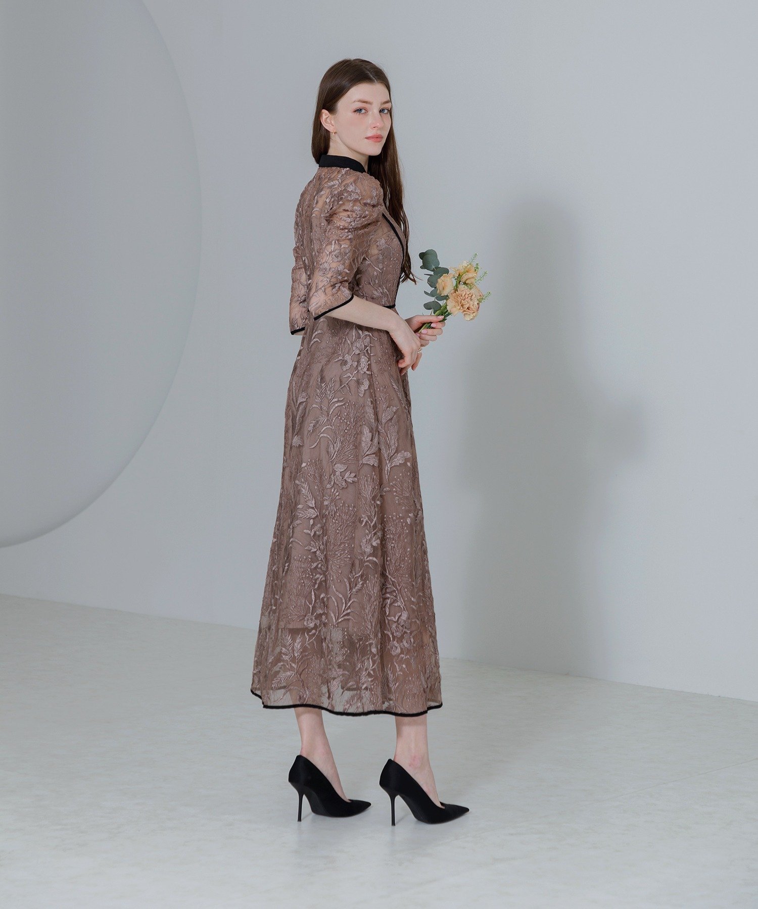 Leja/ラメ花柄刺繍レース加工チュールヘムワンピースドレス S Leja