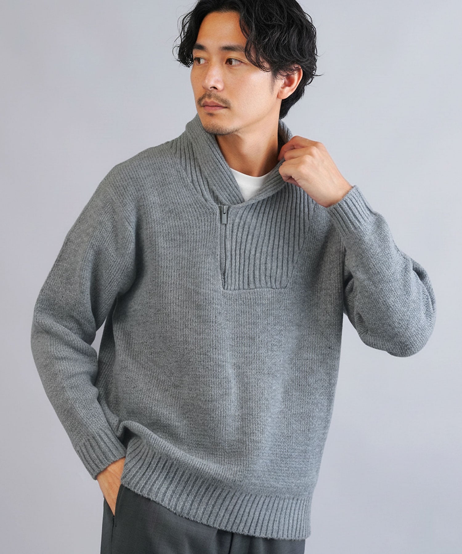 JIGGYS SHOP｜ショールカラーハーフジップあぜ編みニットセーター 25AW