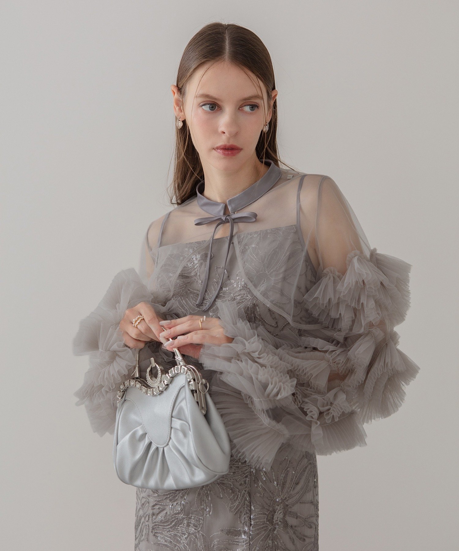 Leja｜Leja-フリルチュールスリーブリボンIラインワンピースドレス結婚