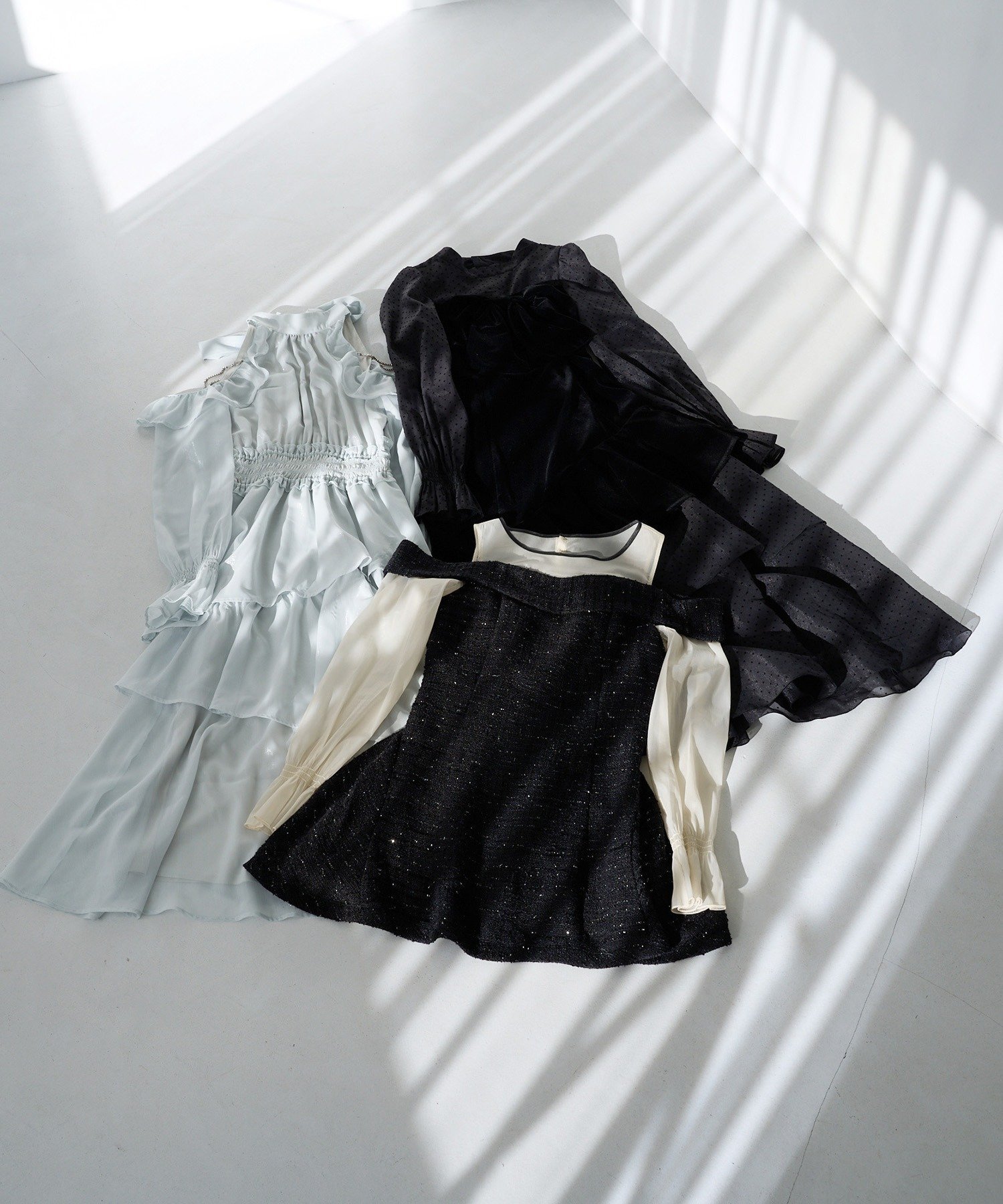 one after another NICE CLAUP｜ベロアリボン異素材ロングワンピース