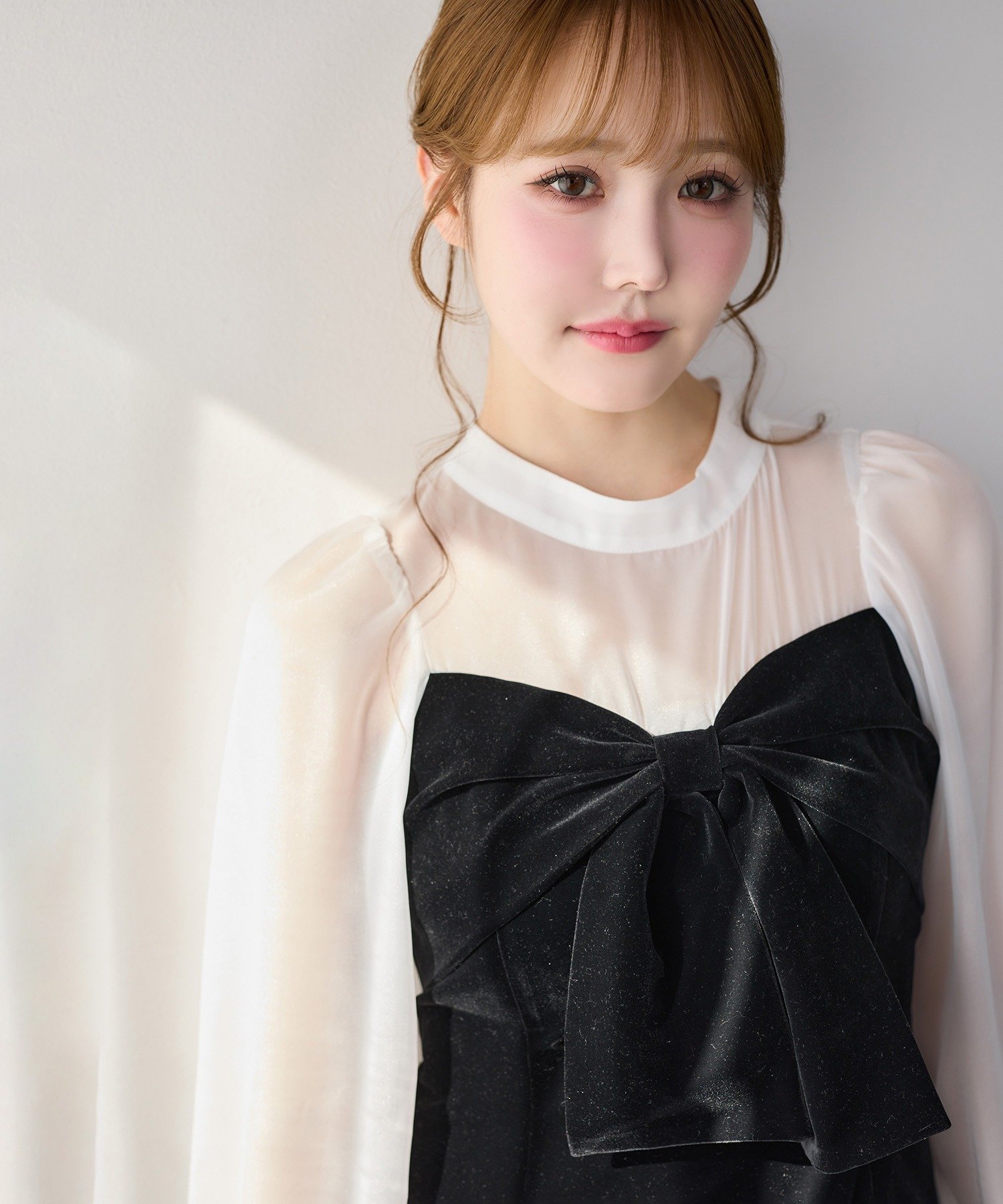 one after another NICE CLAUP｜ベロアリボン異素材ロングワンピース