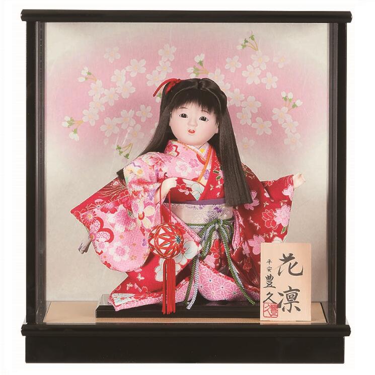 日本人形 ガラスケース入り 黒赤衣装