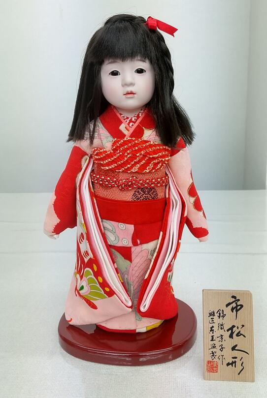 市松人形着物 大正縮緬スミレ色 扇に牡丹 帯・髪飾りセットと長襦袢