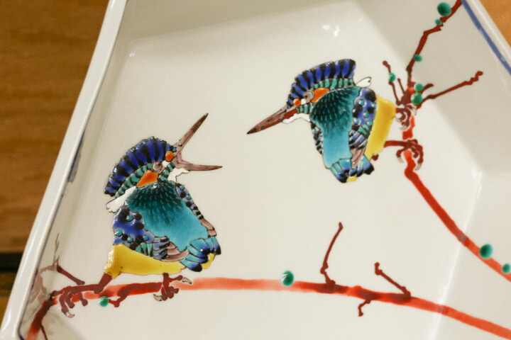 希少】九谷焼武腰潤 飾皿 川蝉 共箱付きカワセミ作家もの皿工芸品