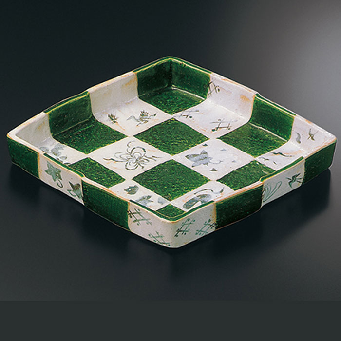 鉢□味わいのある古い角皿 谷辰 ススキの絵 四角鉢 平鉢 水盤 土物