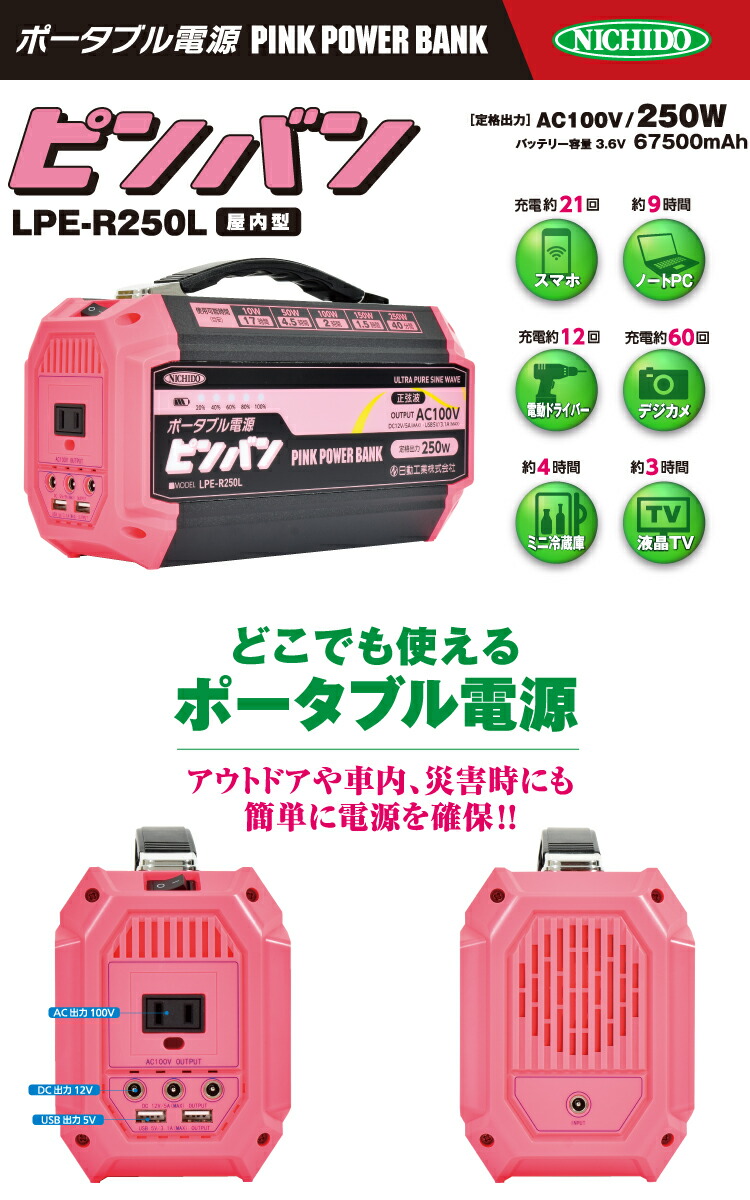 楽天市場】日動工業 ポータブル電源 (ピンバン) LPE-R250L スマホ充電
