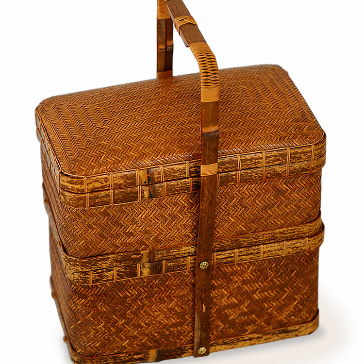 唐物・煎茶野点.提籃籠☆二段幾何学模様.竹.網代