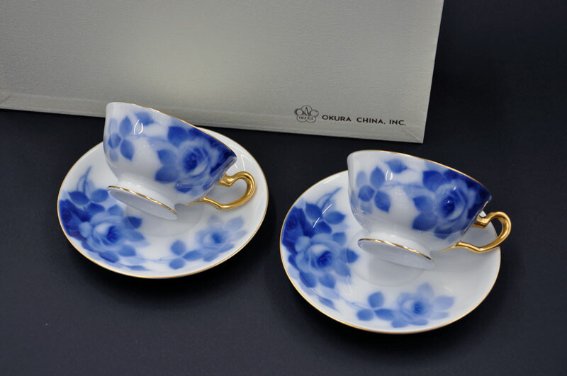 大倉陶園 蓋付煎茶碗 ブルーローズフラワー 未使用 大倉陶園 蓋付煎茶