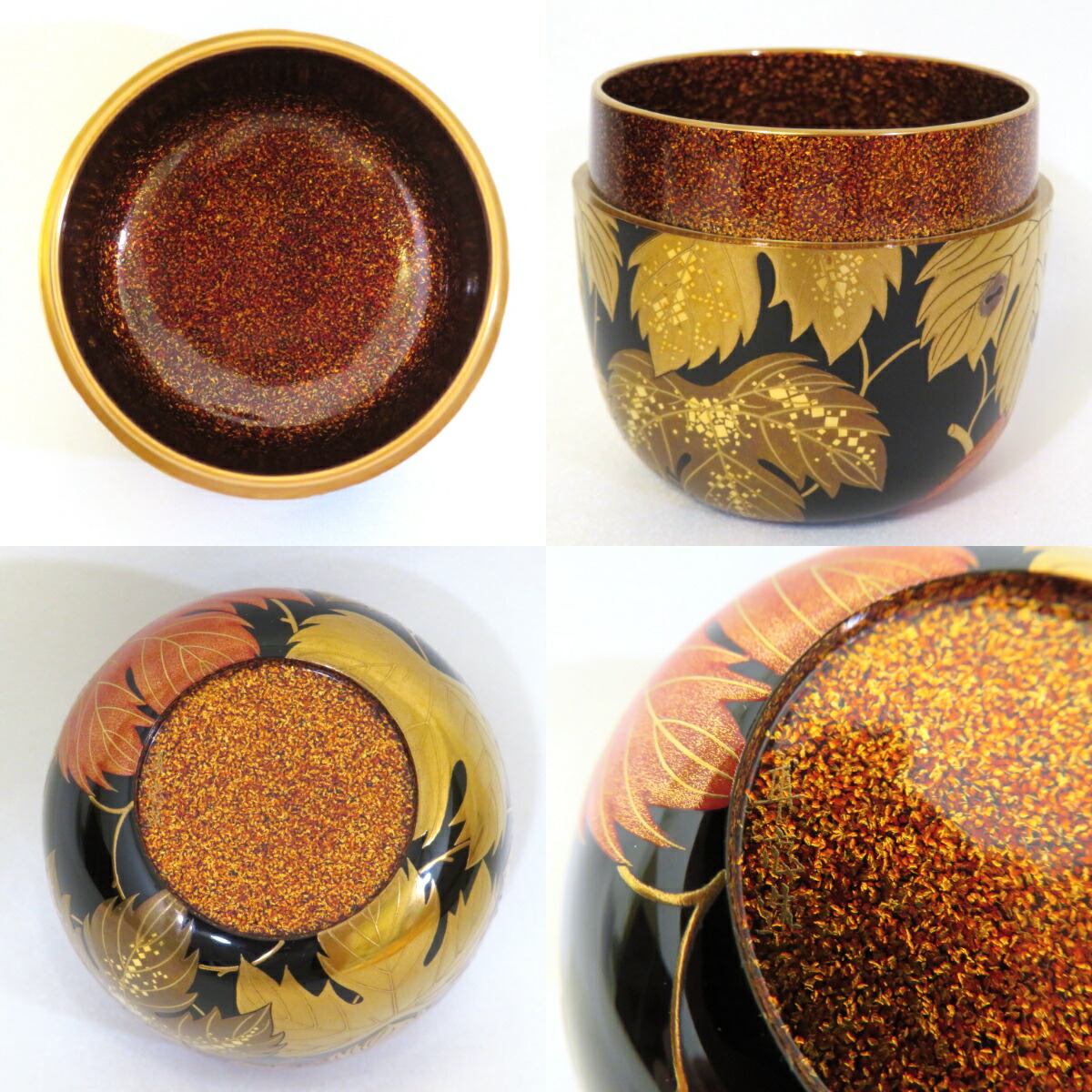 輪島塗 山下春甫造 梨地四君子蒔絵中棗 共箱 高さ約7