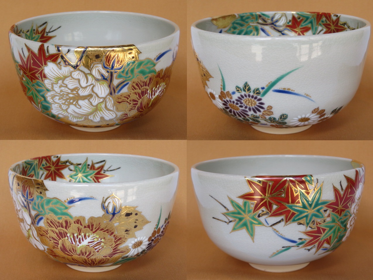 宮川香雲作 竜谷焼 色絵 花図 茶碗 共箱 共布 栞付 茶道具