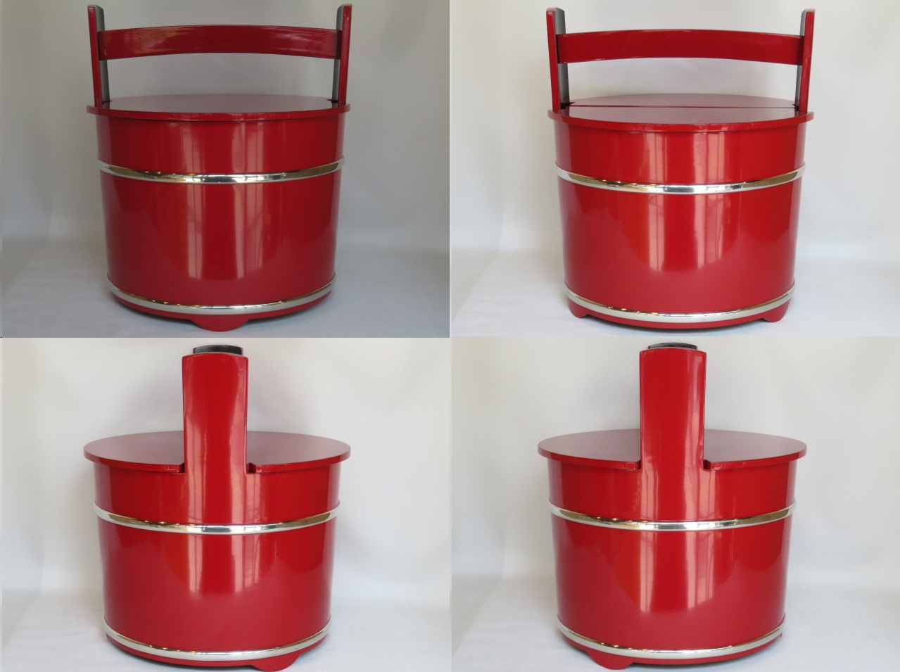 輪島塗 細井正雄作 朱色手桶水指 銀箍 柳蒔絵 布 共箱 茶道具 天然木