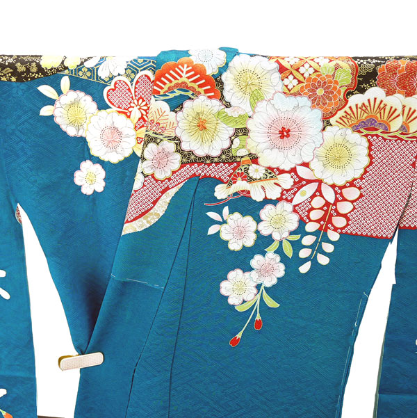 387 振袖フルセット 正絹 深緑 グリーン 金彩 暈し染め ゆったり XL