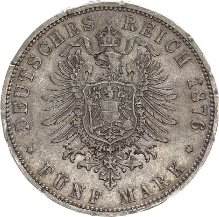 ニック☆ドイツ帝国プロイセン 5マルク銀貨（1874年A）ウィルヘルム1世