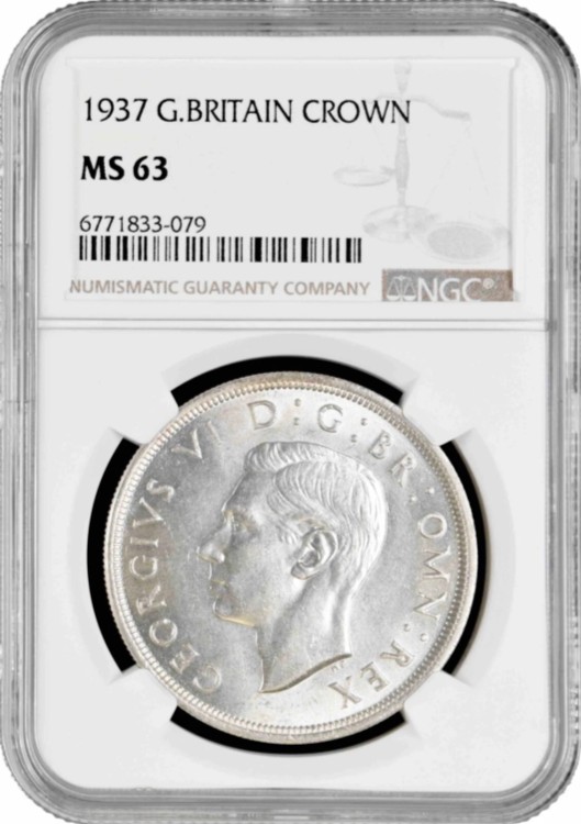 イギリス 1クラウン 1937年、NGC MS63、「国王ジョージ6世戴冠式」銀貨