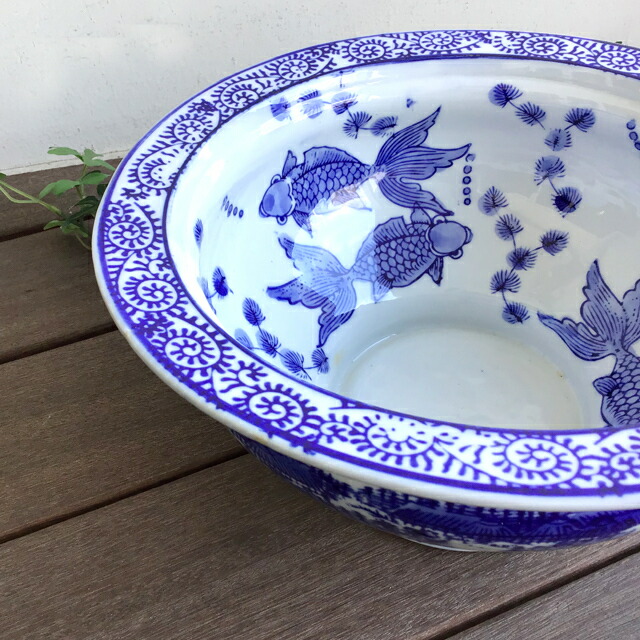 和 アジアン 青緑色 花模様 丸型 水槽 陶器 金魚 メダカ 和 アジアン