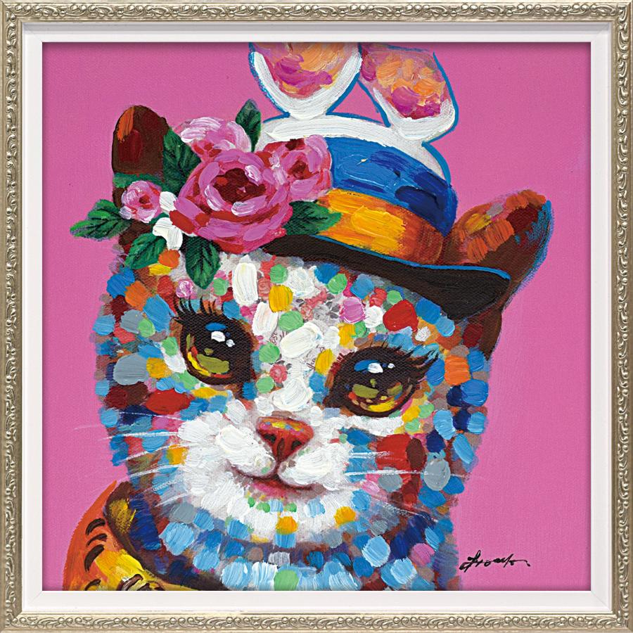 油絵油彩猫3号 油絵 専用品 頭に花をのせた猫 3