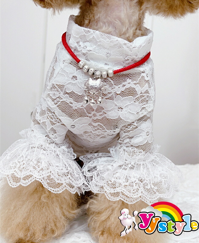 ハンドメイド犬服小花柄ニットのヒラヒラお袖キャミワンピお袖2段レース付