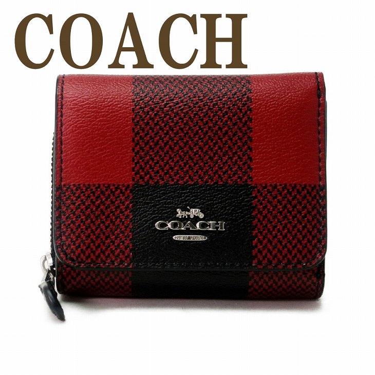 美品】COACH コーチ 格子柄 三つ折り財布 コンパクトウォレット 赤×黒