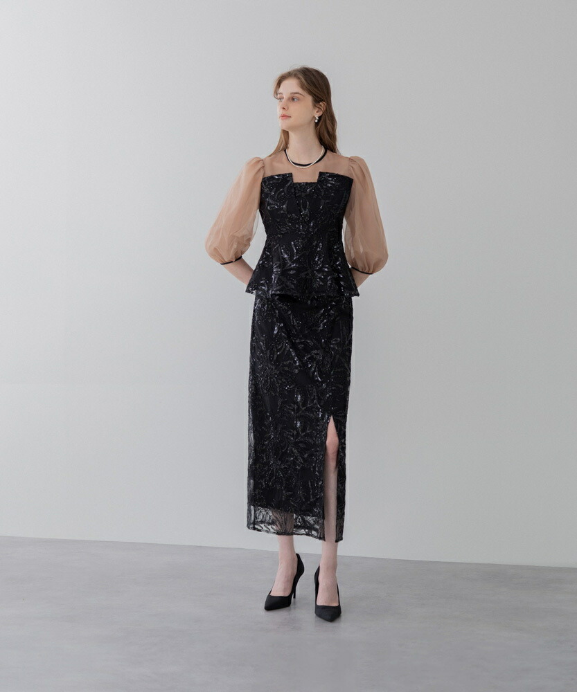 楽天市場】シアーパフスリーブペプラムスパンコール花柄Iラインドレス