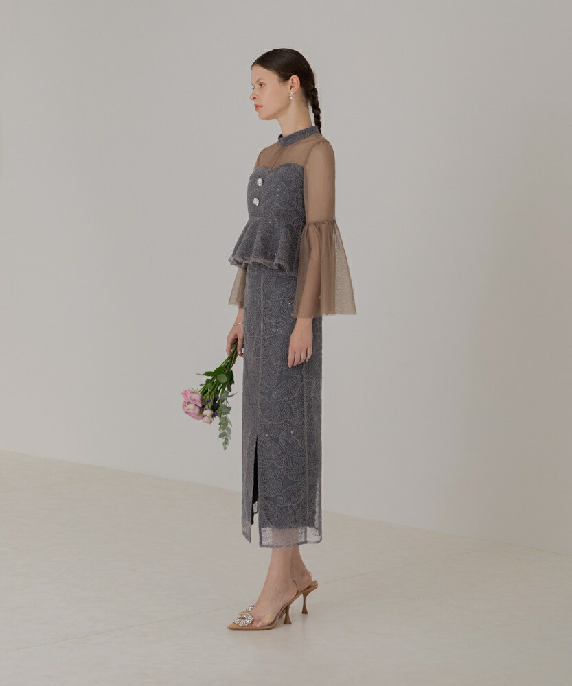 楽天市場】スパンコール刺繍ビジューボタンフレアスリーブセットアップ