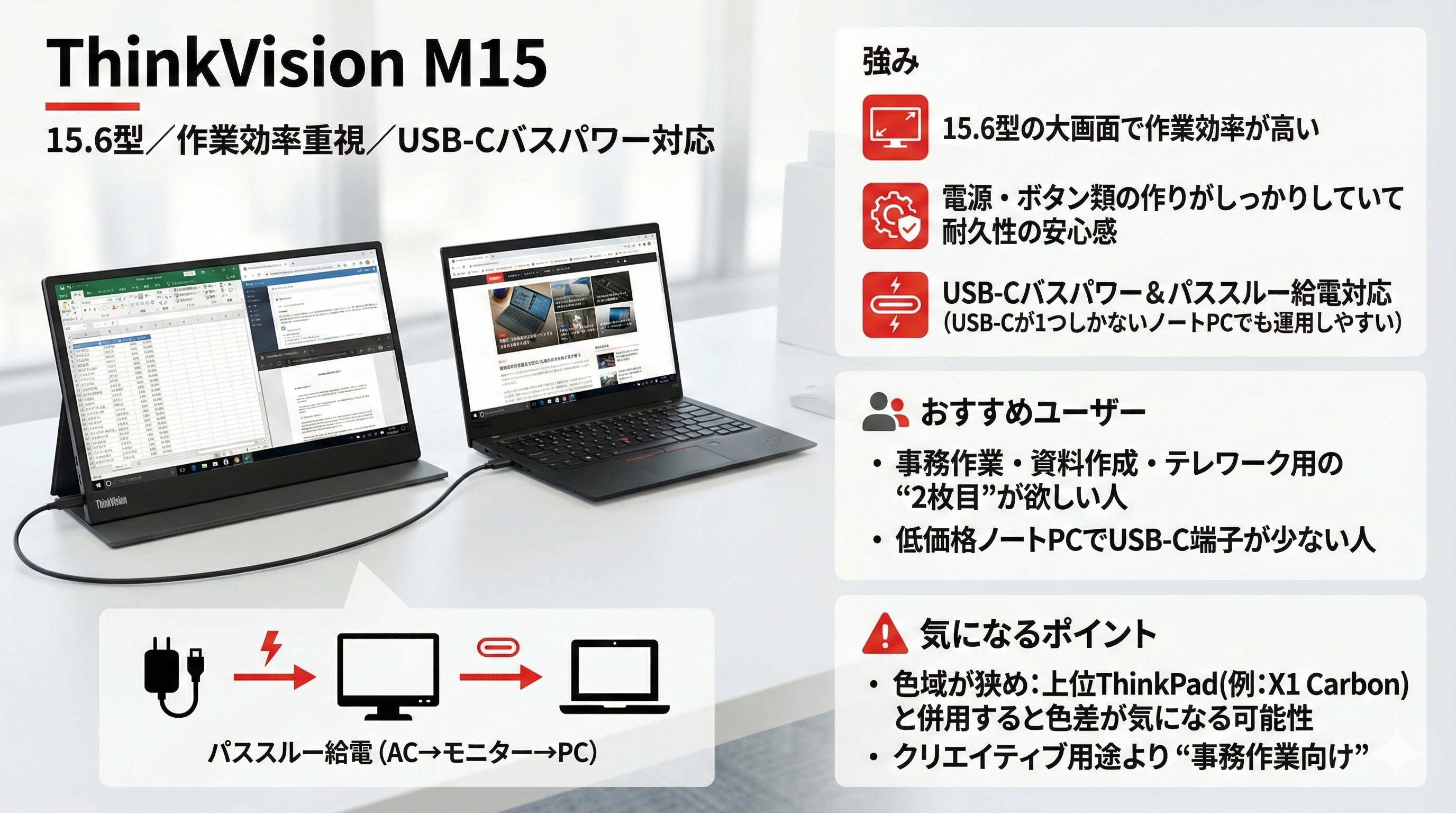 ThinkVision M15(15.6型モバイル/1920×1080/IPS/USB-C)レビュー