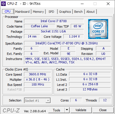 Intel Core i7 8700 @ 3600 MHz - CPU-Z VALIDATOR