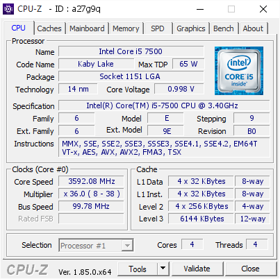 Intel Core i5 7500 @ 3592.08 MHz - CPU-Z VALIDATOR