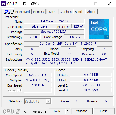 Intel Core i5 12600KF @ 5700 MHz - CPU-Z VALIDATOR