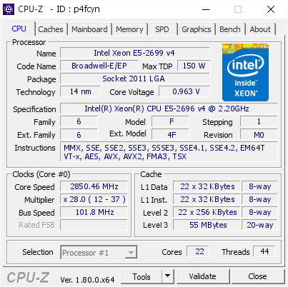 Intel Xeon E5-2699 v4 @ 2850.46 MHz - CPU-Z VALIDATOR
