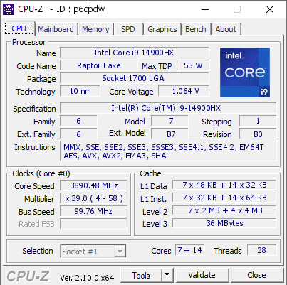 Intel Core i9 14900HX @ 3890.48 MHz - CPU-Z VALIDATOR