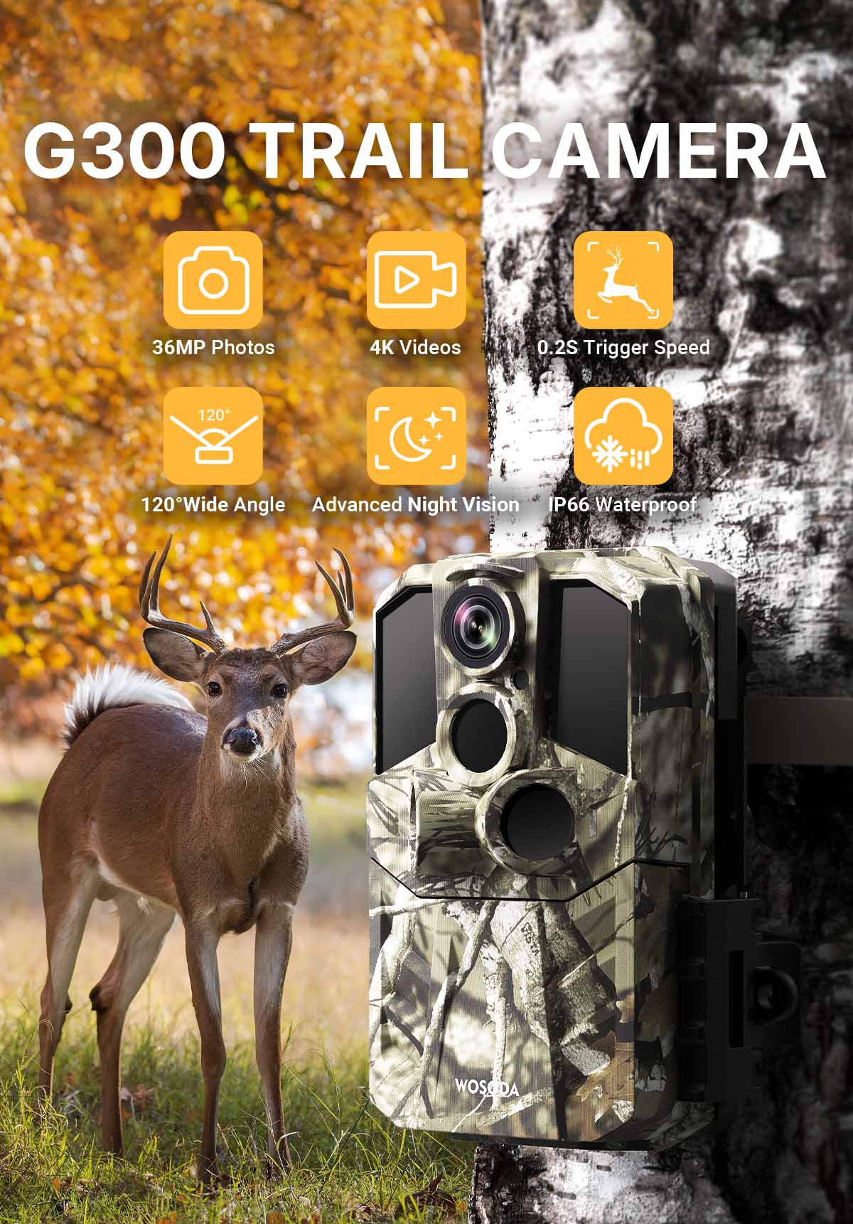 WOSPORTS G300 Trail Camera | Wildlife Camera with Night Vision
