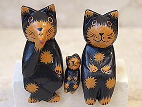 インドネシア バリ島の木彫りの人形】バリネコ(猫)S(親子)(ブラック)の