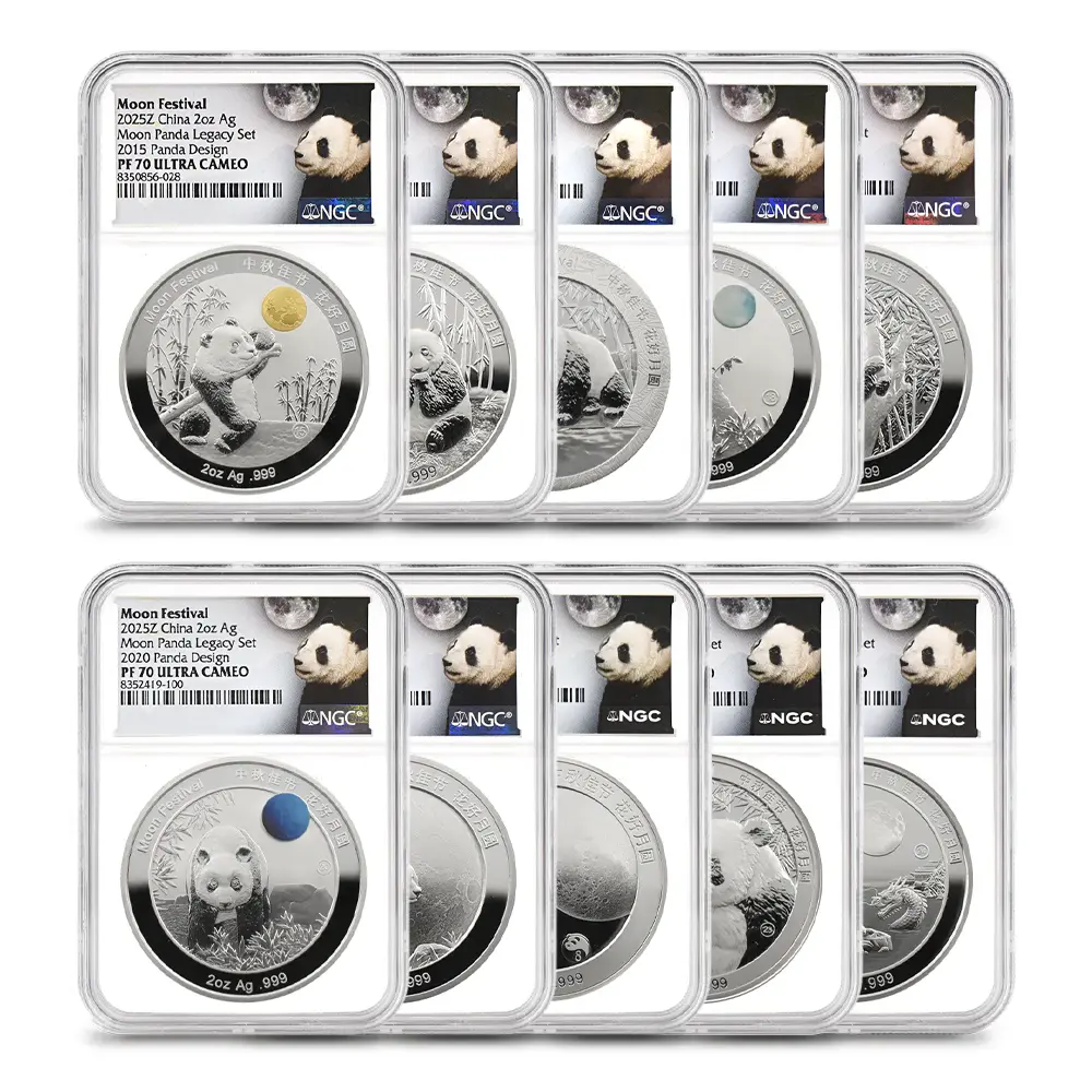 中国 2025発行 2015-2024デザイン パンダ 中秋節 2オンス銀メダル 10枚