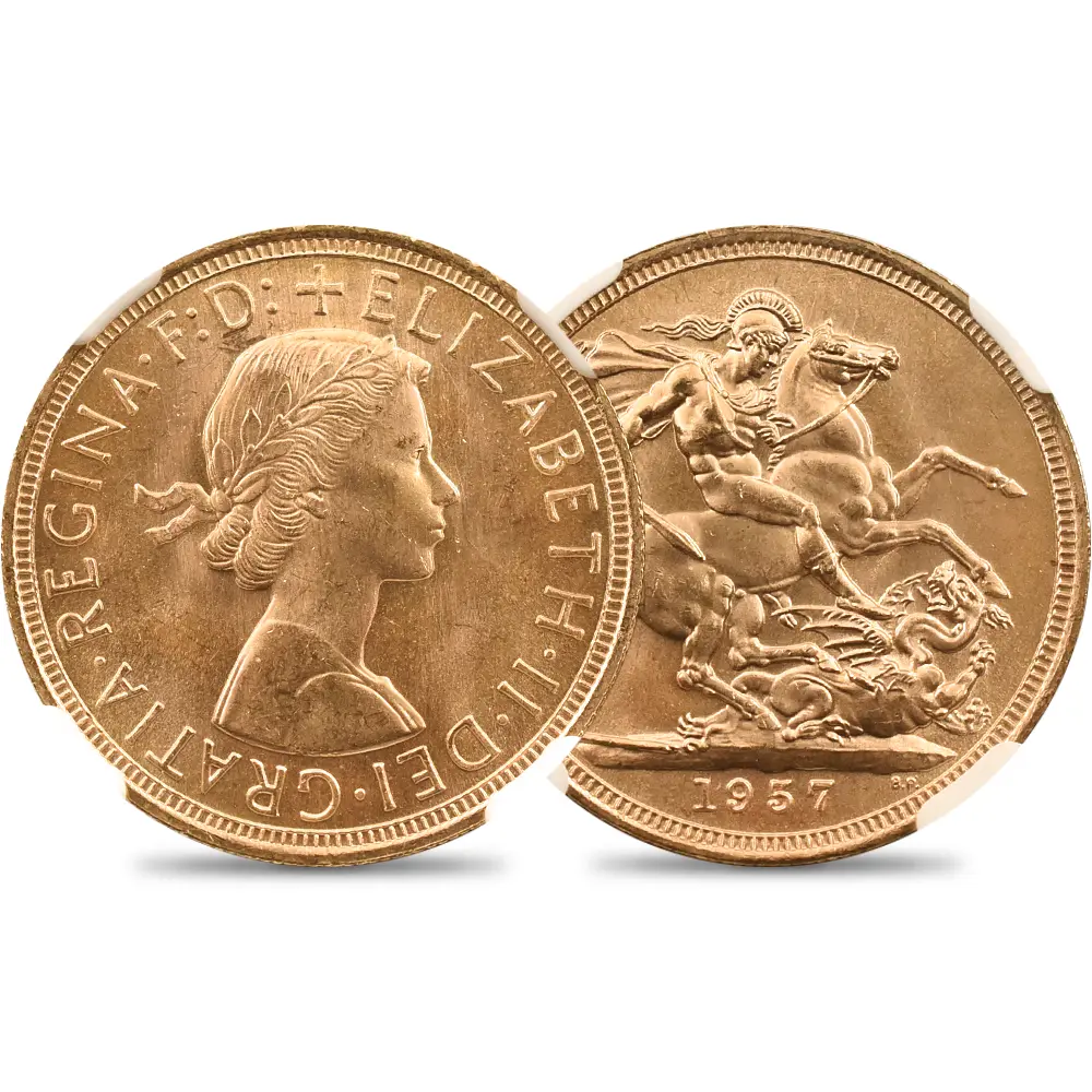 1957 エリザベス2世 ヤングヤング 聖ジョージ竜退治 ソブリン金貨 NGC