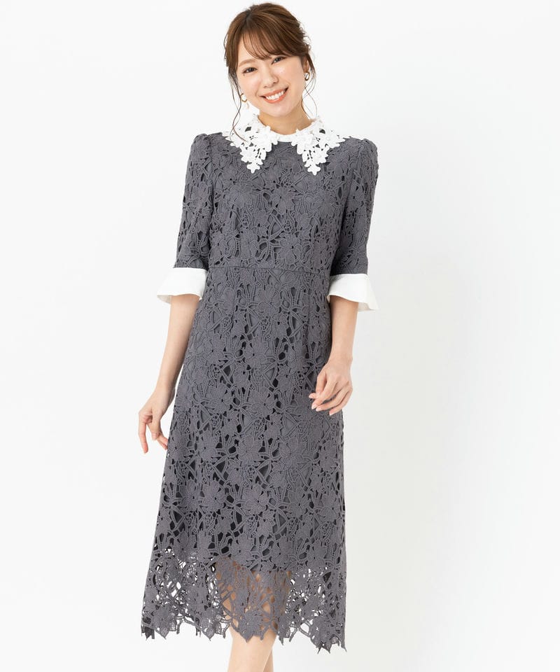 LEJA グレー レース 結婚式 ドレス S Leja レジャ 花柄レースカラース刺繍A