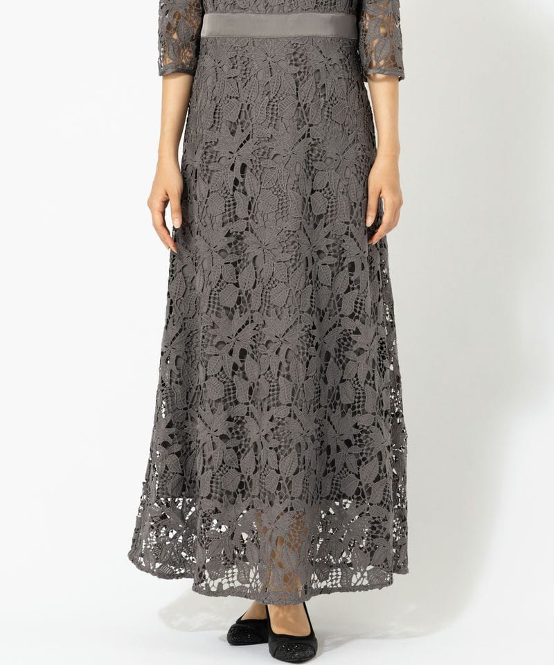 Leja 花柄レースAラインワンピースドレス グレー Leja レジャ 花柄