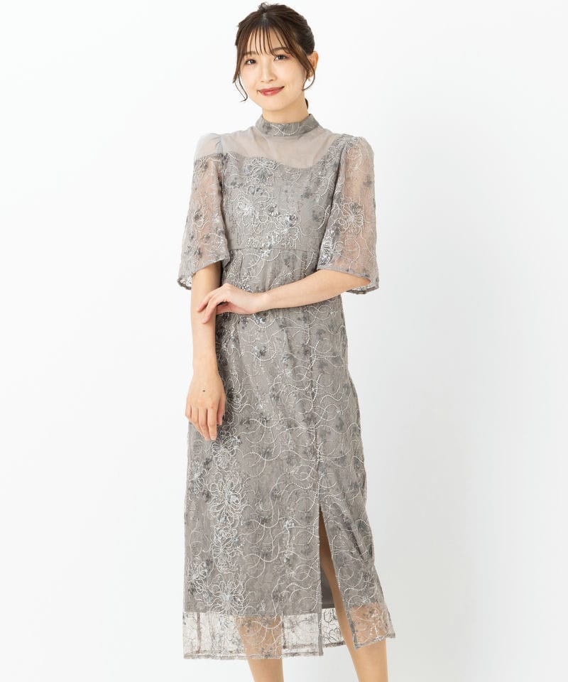 LEJA グレー レース ドレス Leja レジャ 花柄レースカラース刺繍A