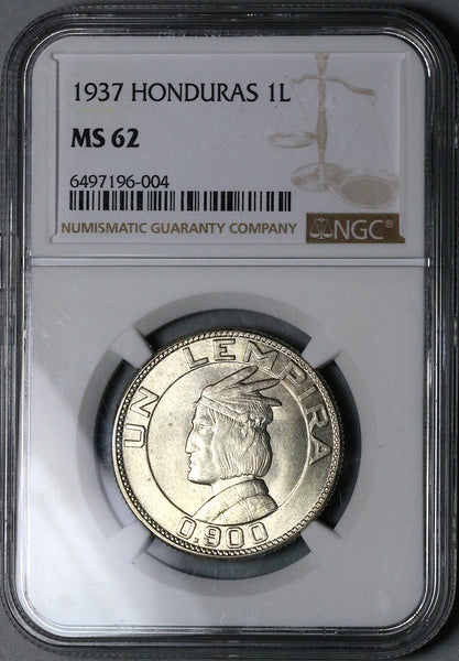 1937 NGC MS 62 Honduras 1 Lempira Chieftain Silver Coin (23082004D