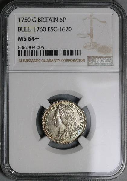 1750 NGC MS 64+ George II 6 Pence Great Britain Silver Colonial