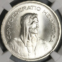 1954 NGC MS 65 Switzerland 5 Francs William Tell Swiss Gem Silver