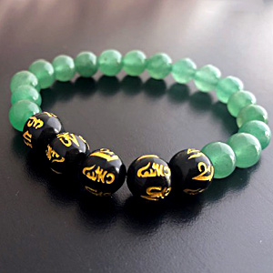 香港・風水／真言梵字珠と翡翠ブレス。チベット密教・六字真言彫刻|茶