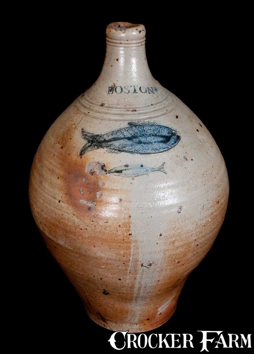 Exceptional BOSTON Stoneware Jug w/ Impressed Large and Small Fish