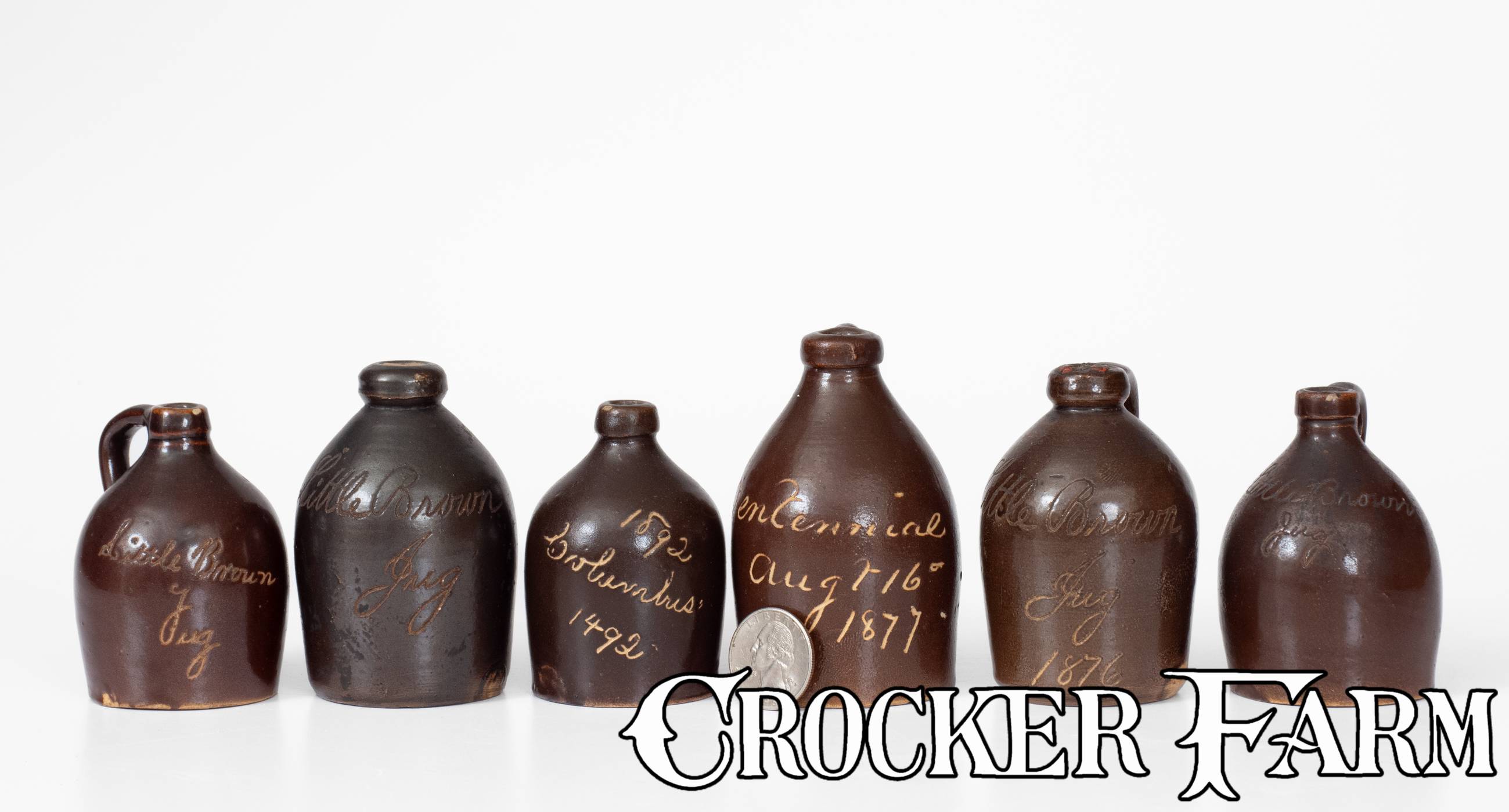 Lot of Six: Bennington, VT Stoneware Little Brown Jugs w/ Various