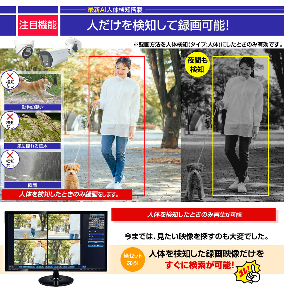 防犯カメラ 8台セット 屋外 録画機能付き AI人体検知 人感センサー
