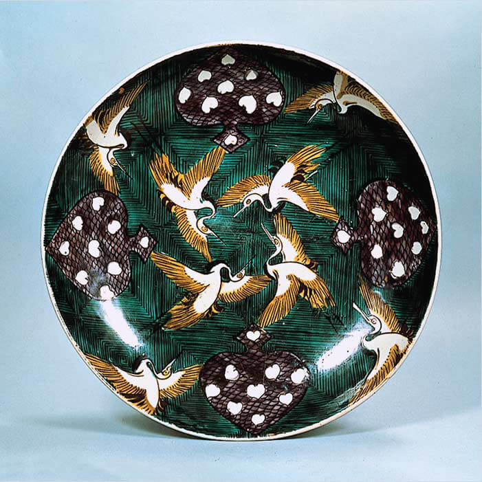 古九谷古伊万里菱形色絵鶴の図九谷焼美術館展示1客