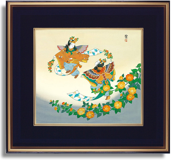 東聖観「胡蝶山吹の遊宴」 源氏物語の色紙アートプリントの額装