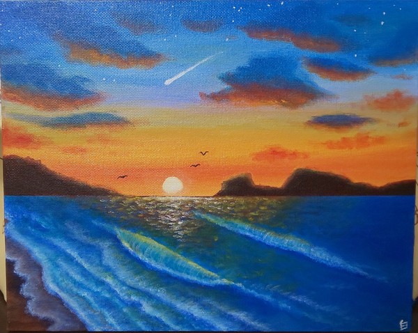 油絵 油彩 油彩画 絵 絵画【夕焼けの海】A4｜油絵 絵画【夕暮れ海】 油絵