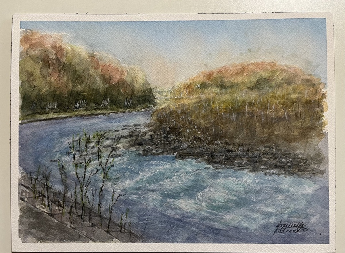 水彩画・甲斐駒ヶ岳を望むススキ野原・原画 水彩画・甲斐駒ヶ岳を望む